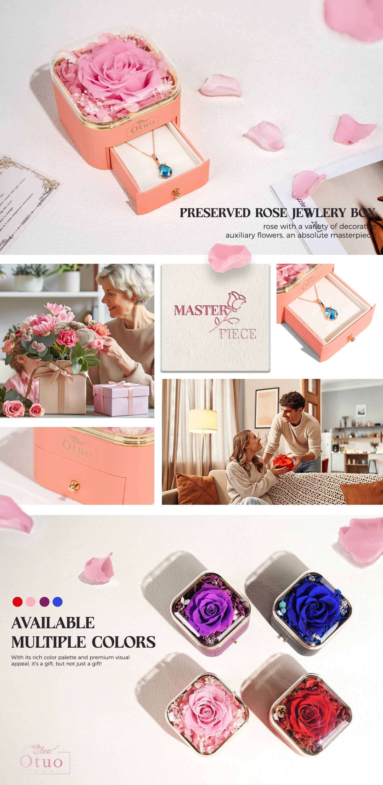 Preserved Roses Gift Jewerlry Box, Real Eternal Rose Flower with Necklace, Gifts for Girlfriend, Mom, Women, Wife, Birthday and Valentine'S Day (Pink)
