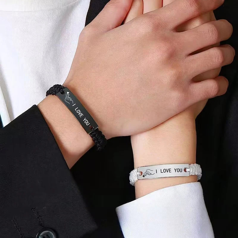 2 PCS I Love You Finger Heart Stainless Steel Couple Bracelet Black White Woven Bracelets for Lovers Valentine Gifts